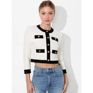 Alice + Olivia Claira White Black Knit Cropped Cardigan Sweater size XL